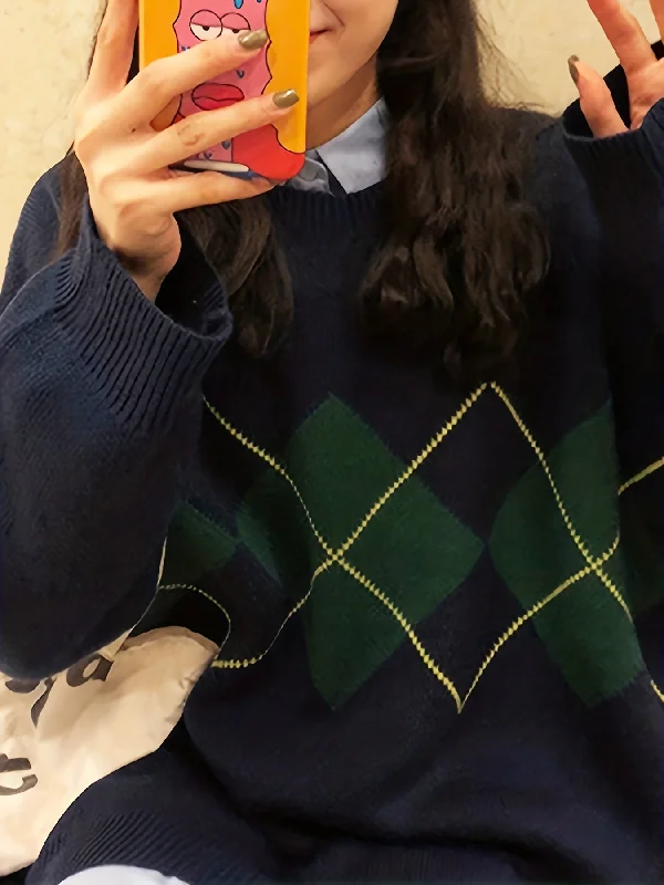 Weekend Special Sixsr Argyle Print Knit Sweater, Casual Crew Neck Long Sleeve Sweater, Women's Clothing