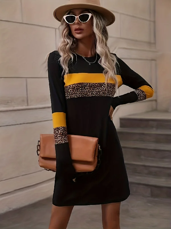 Weekend-Only Price Drops Sixsr Leopard Print Splicing Dress, Casual Crew Neck Long Sleeve Dress, Women's Clothing Weekend-Only Price Drops Sixsr Leopard Print Splicing Dress, Casual Crew Neck Long Sleeve Dress, Women's Clothing