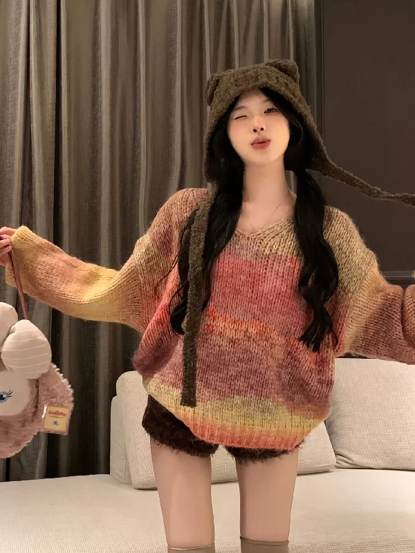 Online Deal Sixsr Tie Dye V Neck Pullover Sweater, Vintage Long Sleeve Loose Sweater, Women's Clothing Online Deal Sixsr Tie Dye V Neck Pullover Sweater, Vintage Long Sleeve Loose Sweater, Women's Clothing