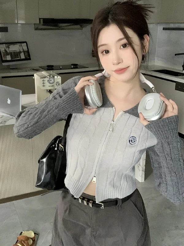 Best Choice Sixsr Color Block Zip Up Cable Knit Cardigan, Casual Long Sleeve Slim Crop Sweater, Women's Clothing Best Choice Sixsr Color Block Zip Up Cable Knit Cardigan, Casual Long Sleeve Slim Crop Sweater, Women's Clothing