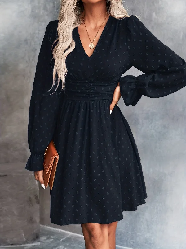Stock Clearance Sixsr Swiss Dot V Neck Dress, Casual Cinched Waist Long Sleeve Dress, Women's Clothing Stock Clearance Sixsr Swiss Dot V Neck Dress, Casual Cinched Waist Long Sleeve Dress, Women's Clothing