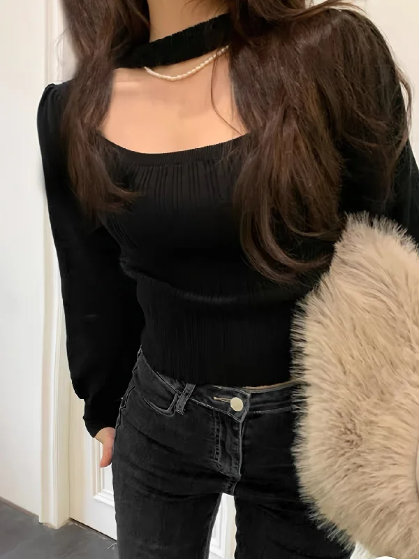 Weekend Savings Delight Sixsr Solid Color Halter Neck Pullover Sweater, Y2K Cut Out Long Sleeve Slim Sweater For Fall & Winter, Women's Clothing