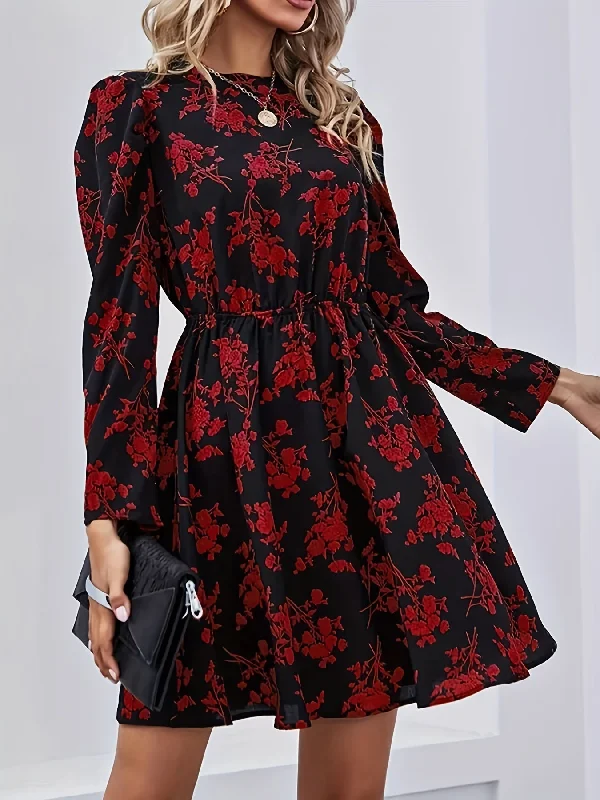 Value Deals Sixsr Floral Print Keyhole Dress, Elegant Crew Neck Long Sleeve Dress, Women's Clothing Value Deals Sixsr Floral Print Keyhole Dress, Elegant Crew Neck Long Sleeve Dress, Women's Clothing