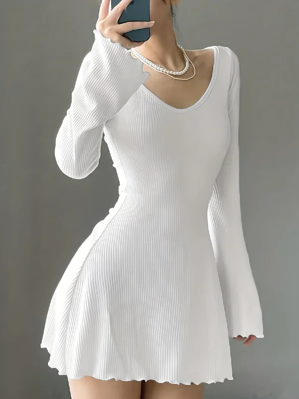Weekend Specials to Cherish Sixsr Lettuce Trim Solid Dress, Elegant Crew Neck Long Sleeve Dress, Women's Clothing Weekend Specials to Cherish Sixsr Lettuce Trim Solid Dress, Elegant Crew Neck Long Sleeve Dress, Women's Clothing
