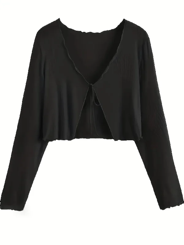 Weekend Discounts to Relish Sixsr Solid Tied Front Crop Cardigan, Casual Lettuce Trim Long Sleeve Cardigan, Women's Clothing Weekend Discounts to Relish Sixsr Solid Tied Front Crop Cardigan, Casual Lettuce Trim Long Sleeve Cardigan, Women's Clothing