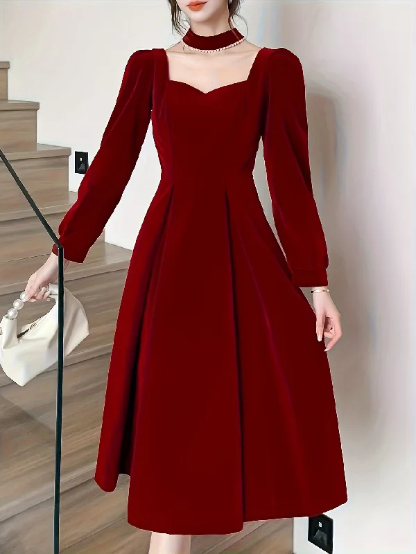 Steals and Deals Sixsr Tucked Solid Midi Dress, Elegant Long Sleeve Party Dress, Women's Clothing Steals and Deals Sixsr Tucked Solid Midi Dress, Elegant Long Sleeve Party Dress, Women's Clothing