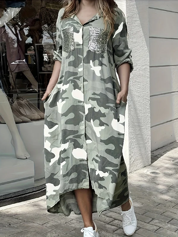 Hurry In Sixsr Camo Print Shirt Dress, Casual Button Front Long Sleeve Collar Dress, Women's Clothing Hurry In Sixsr Camo Print Shirt Dress, Casual Button Front Long Sleeve Collar Dress, Women's Clothing