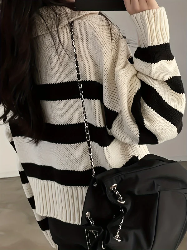 Weekend Savings Fiesta Sixsr Striped Turndown Collar Pullover Sweater, Casual Long Sleeve Loose Sweater, Women's Clothing Weekend Savings Fiesta Sixsr Striped Turndown Collar Pullover Sweater, Casual Long Sleeve Loose Sweater, Women's Clothing