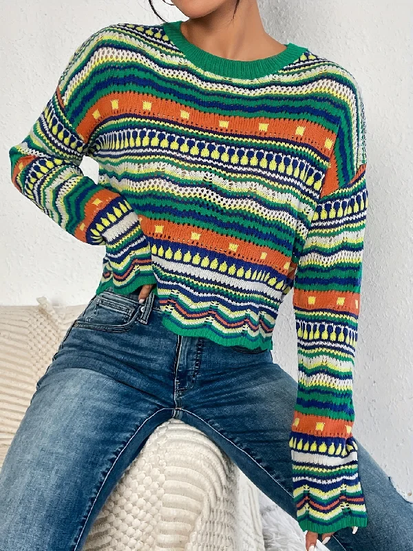 Fantastic Savings Sixsr Ethnic Print Eyelet Knit Sweater, Casual Crew Neck Long Sleeve Drop Shoulder Sweater, Women's Clothing Fantastic Savings Sixsr Ethnic Print Eyelet Knit Sweater, Casual Crew Neck Long Sleeve Drop Shoulder Sweater, Women's Clothing