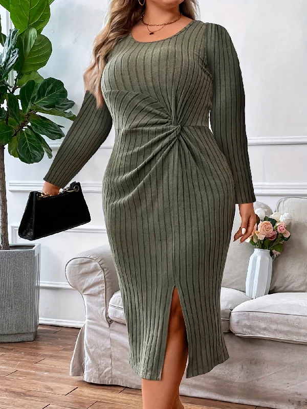 Weekend Deals That Thrill Sixsr Plus Size Sexy Dress, Women's Plus Solid Ribbed Twist Front Long Sleeve Round Neck Split Hem Bodycon Midi Dress Weekend Deals That Thrill Sixsr Plus Size Sexy Dress, Women's Plus Solid Ribbed Twist Front Long Sleeve Round Neck Split Hem Bodycon Midi Dress