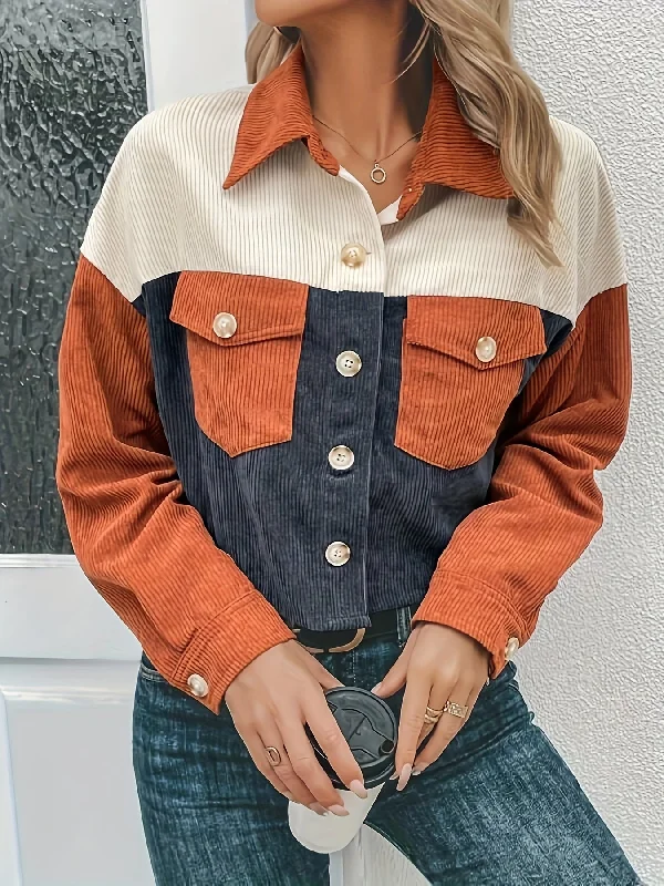 Best Seller Sixsr Corduroy Color Block Button Front Jacket, Casual Long Sleeve Drop Shoulder Lapel Outwear For Spring & Fall, Women's Clothing Best Seller Sixsr Corduroy Color Block Button Front Jacket, Casual Long Sleeve Drop Shoulder Lapel Outwear For Spring & Fall, Women's Clothing