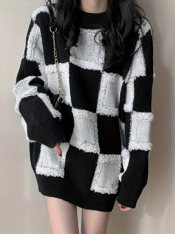 Weekend Savings Spectacle Sixsr Plaid Crew Neck Pullover Sweater, Casual Long Sleeve Oversized Thick Sweater, Women's Clothing Weekend Savings Spectacle Sixsr Plaid Crew Neck Pullover Sweater, Casual Long Sleeve Oversized Thick Sweater, Women's Clothing