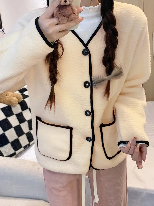 Major Deal Sixsr Contrast Trim Fuzzy Coat, Elegant Button Front Long Sleeve Outerwear, Women's Clothing Major Deal Sixsr Contrast Trim Fuzzy Coat, Elegant Button Front Long Sleeve Outerwear, Women's Clothing