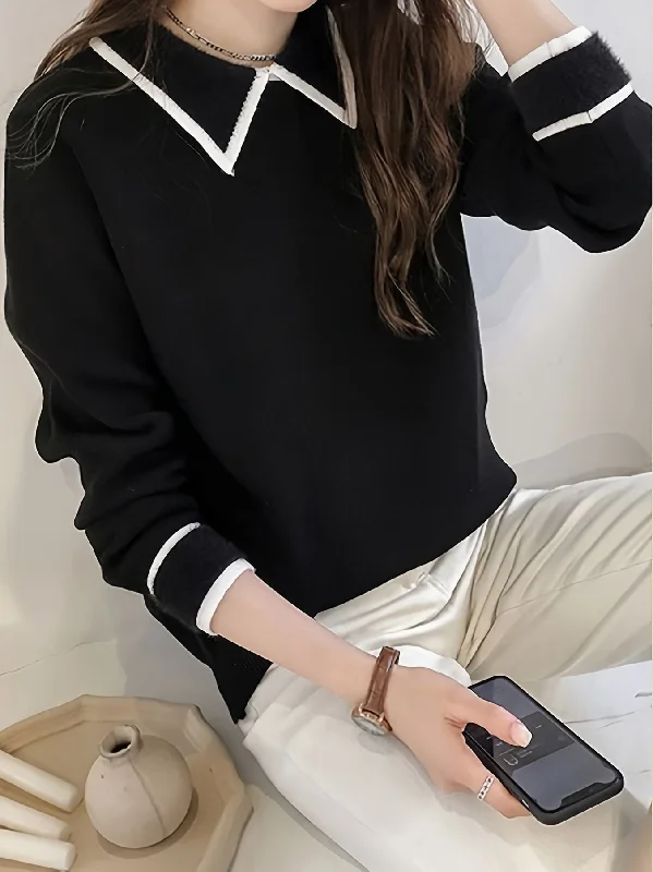 Great Bargain Sixsr Contrast Trim Pullover Sweater, Casual Long Sleeve Drop Shoulder Sweater, Women's Clothing