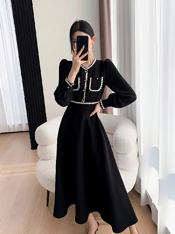 Exclusive Deal Sixsr Contrast Trim Cuff Sleeve Button Dress, Elegant V Neck A-line Dress For Spring & Fall, Women's Clothing Exclusive Deal Sixsr Contrast Trim Cuff Sleeve Button Dress, Elegant V Neck A-line Dress For Spring & Fall, Women's Clothing