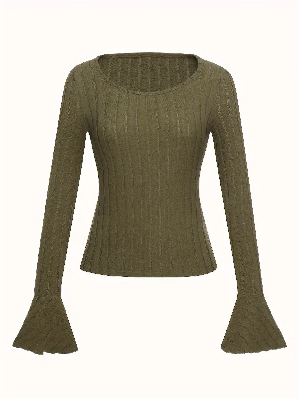 Limited Supply Sixsr Solid Square Neck Ribbed T-Shirt, Casual Flare Sleeve Slim T-Shirt For Spring & Fall, Women's Clothing Limited Supply Sixsr Solid Square Neck Ribbed T-Shirt, Casual Flare Sleeve Slim T-Shirt For Spring & Fall, Women's Clothing