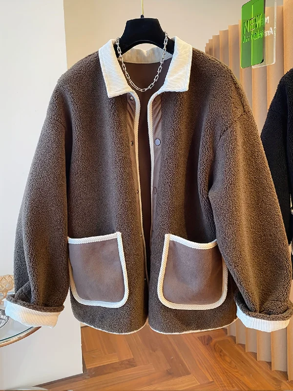 Weekend Specials to Indulge In Sixsr Contrast Trim Patched Pockets Outwear, Versatile Long Sleeve Button Front Coat For Fall & Winter, Women's Clothing Weekend Specials to Indulge In Sixsr Contrast Trim Patched Pockets Outwear, Versatile Long Sleeve Button Front Coat For Fall & Winter, Women's Clothing