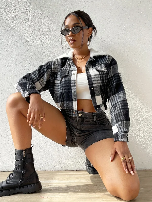 Extra Savings Sixsr Button Plaid Faux Fur Collar Jacket, Casual Long Sleeve Crop Jacket For Fall & Winter, Women's Clothing Extra Savings Sixsr Button Plaid Faux Fur Collar Jacket, Casual Long Sleeve Crop Jacket For Fall & Winter, Women's Clothing