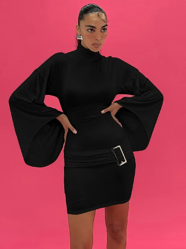 Weekend Specials to Love Sixsr Flare Sleeve Buckle Decor Dress, Stylish Solid Color Mock Neck Bodycon Dress, Women's Clothing Weekend Specials to Love Sixsr Flare Sleeve Buckle Decor Dress, Stylish Solid Color Mock Neck Bodycon Dress, Women's Clothing