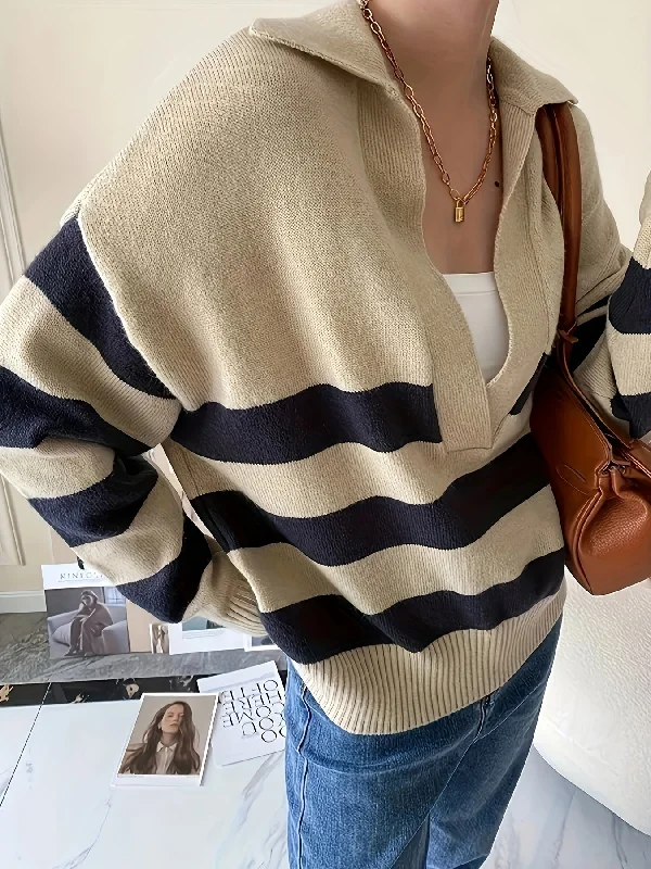 While Supplies Last Sixsr Striped V Neck Pullover Sweater, Casual Long Sleeve Drop Shoulder Sweater, Women's Clothing
