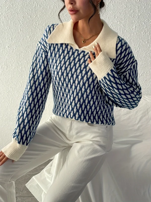 Buy Today Sixsr Allover Pattern Flat Collar Pullover Sweater, Casual Long Sleeve Sweater, Women's Clothing Buy Today Sixsr Allover Pattern Flat Collar Pullover Sweater, Casual Long Sleeve Sweater, Women's Clothing
