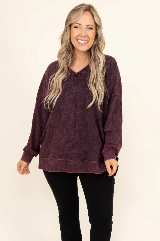 Weekend Sale: Don't Miss Out Come On Over Pullover, Dark Burgundy Mineral Wash