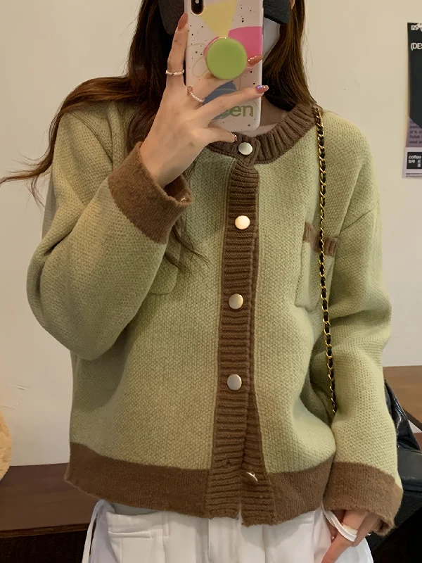 Weekend Wonders Await! Sixsr Contrast Trim Button Up Knit Cardigan, Casual Crew Neck Long Sleeve Pocket Sweater, Women's Clothing Weekend Wonders Await! Sixsr Contrast Trim Button Up Knit Cardigan, Casual Crew Neck Long Sleeve Pocket Sweater, Women's Clothing