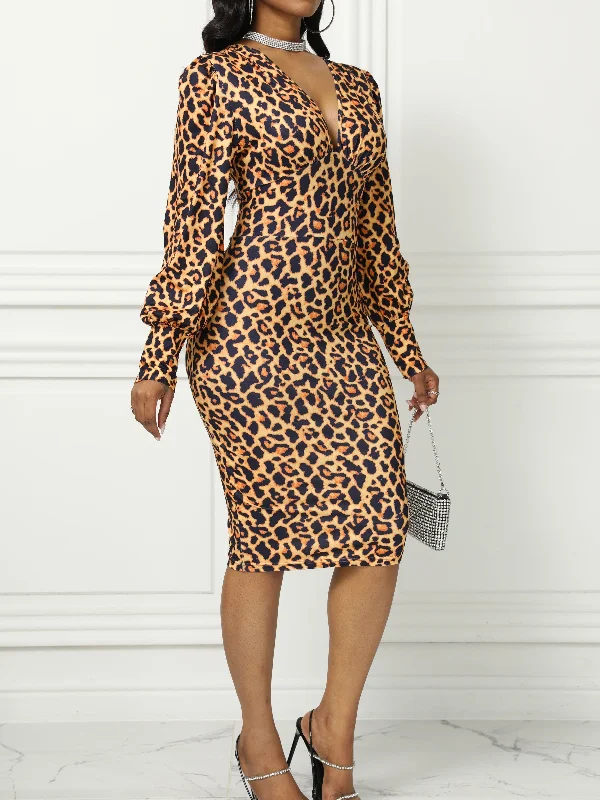 Reduced Price Sixsr Leopard Print Bishop Sleeve Dress, Elegant Plunge Neck Slim Dress For Spring & Fall, Women's Clothing Reduced Price Sixsr Leopard Print Bishop Sleeve Dress, Elegant Plunge Neck Slim Dress For Spring & Fall, Women's Clothing