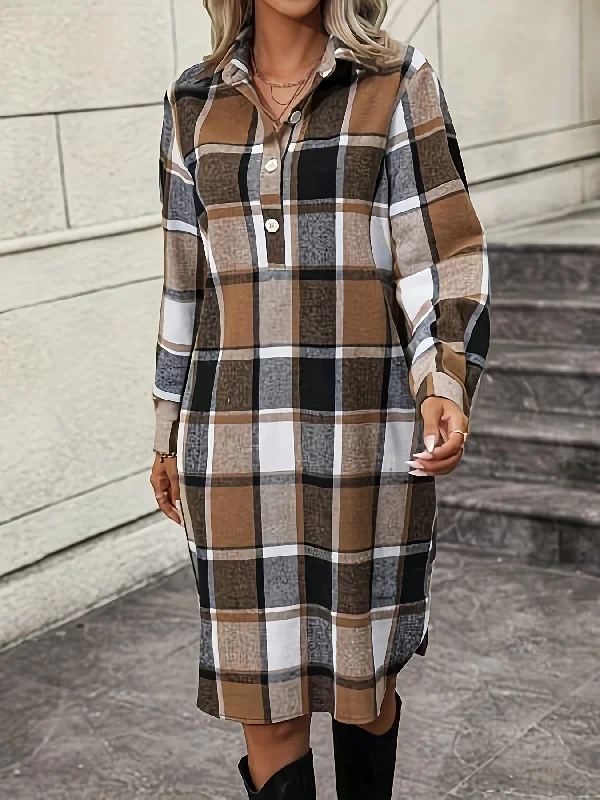 Weekend Deals That Impress Sixsr Plaid Print Cuff Sleeve Button Dress, Casual Lapel Neck Dress For Spring & Fall, Women's Clothing Weekend Deals That Impress Sixsr Plaid Print Cuff Sleeve Button Dress, Casual Lapel Neck Dress For Spring & Fall, Women's Clothing
