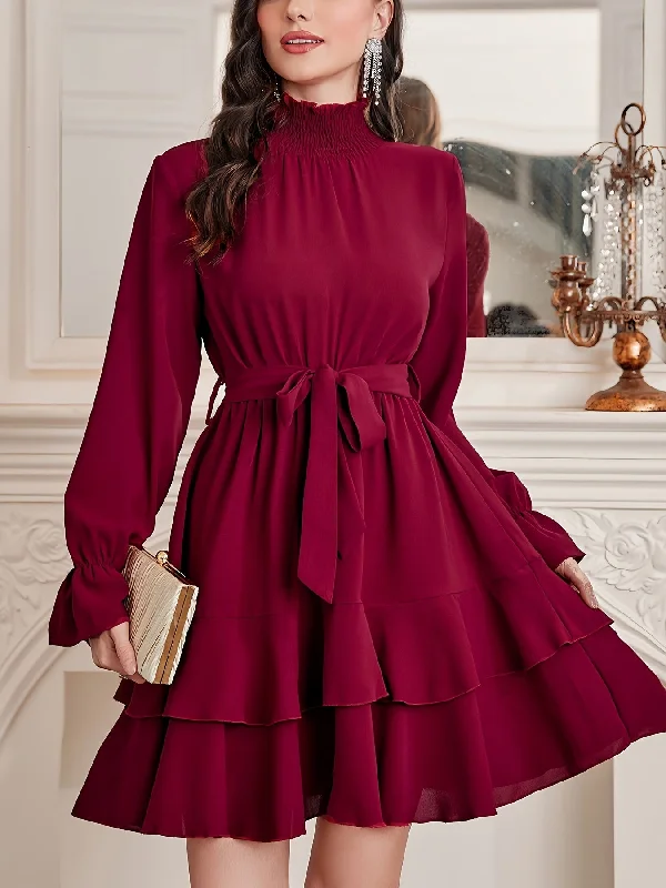 Weekend Bargains to Enjoy Sixsr Ruffle Hem Layered Dress, Elegant Long Sleeve High Neck Dress, Women's Clothing Weekend Bargains to Enjoy Sixsr Ruffle Hem Layered Dress, Elegant Long Sleeve High Neck Dress, Women's Clothing