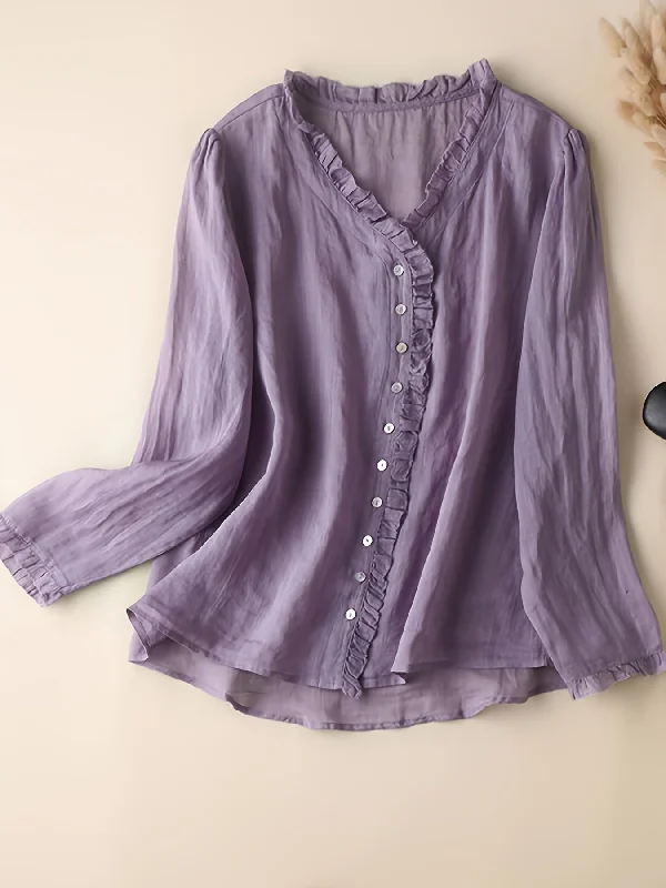 Reduced Price Sixsr Ruffle Trim Button Front Shirt, Vintage Long Sleeve Ruched Solid Literary Shirt, Women's Clothing Reduced Price Sixsr Ruffle Trim Button Front Shirt, Vintage Long Sleeve Ruched Solid Literary Shirt, Women's Clothing