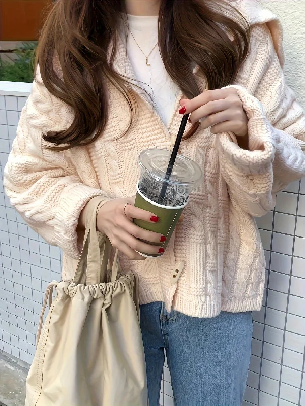 Weekend Discounts Worth Grabbing Sixsr Solid Horn Buckle Cable Knit Cardigan, Preppy Long Sleeve Hooded Loose Sweater, Women's Clothing Weekend Discounts Worth Grabbing Sixsr Solid Horn Buckle Cable Knit Cardigan, Preppy Long Sleeve Hooded Loose Sweater, Women's Clothing
