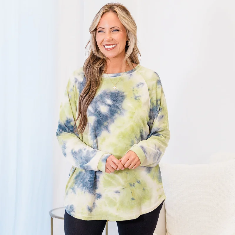 Big Deal Curved Hem Slouchy Dolman Tunic, Tie Dye Olive