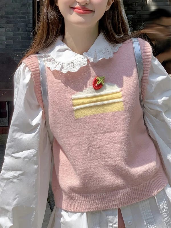 Markdown Sale Sixsr Cake Pattern Crew Neck Knitted Vest, Casual Sleeveless Sweet Sweater, Women's Clothing Markdown Sale Sixsr Cake Pattern Crew Neck Knitted Vest, Casual Sleeveless Sweet Sweater, Women's Clothing