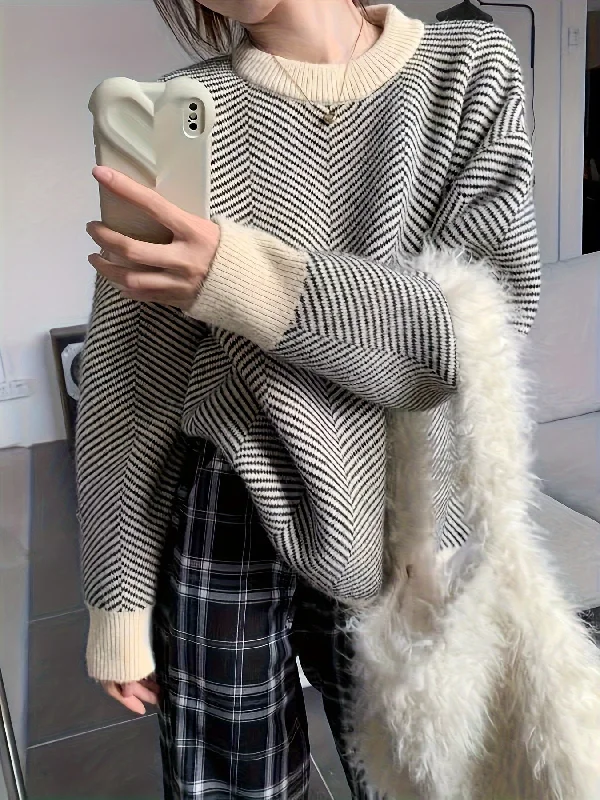 Quick Sale Sixsr Striped Crew Neck Pullover Sweater, Casual Long Sleeve Loose Sweater, Women's Clothing Quick Sale Sixsr Striped Crew Neck Pullover Sweater, Casual Long Sleeve Loose Sweater, Women's Clothing