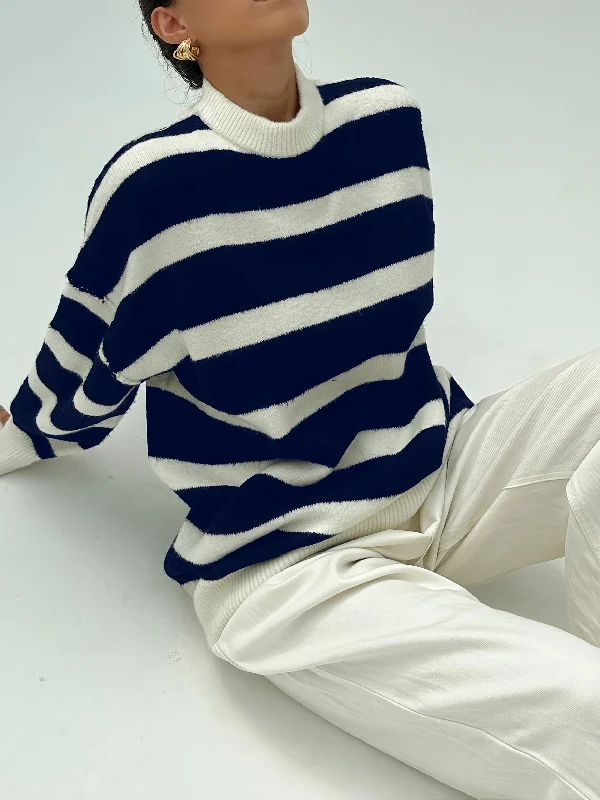 Weekend Bargains to Relish Sixsr Striped Mock Neck Pullover Sweater, Casual Long Sleeve Drop Shoulder Sweater, Women's Clothing Weekend Bargains to Relish Sixsr Striped Mock Neck Pullover Sweater, Casual Long Sleeve Drop Shoulder Sweater, Women's Clothing