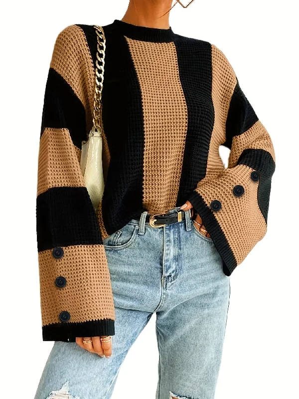 Early Bird Sixsr Striped Flare Sleeve Pullover Sweater, Casual Button Decor Crew Neck Knitted Top, Women's Clothing Early Bird Sixsr Striped Flare Sleeve Pullover Sweater, Casual Button Decor Crew Neck Knitted Top, Women's Clothing