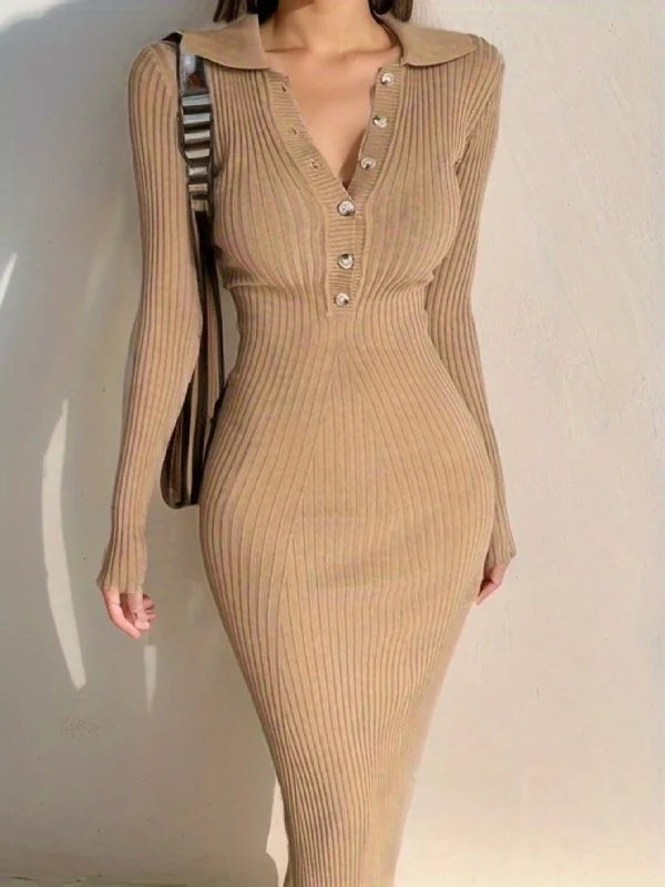 Weekend Savings Galore Sixsr Button Front Ribbed Dress, Elegant Solid Long Sleeve Bodycon Dress, Women's Clothing Weekend Savings Galore Sixsr Button Front Ribbed Dress, Elegant Solid Long Sleeve Bodycon Dress, Women's Clothing
