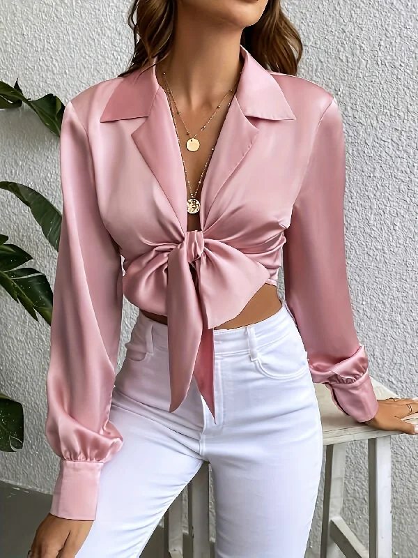Flash Sale Sixsr Solid Twist Front Blouse, Elegant Long Sleeve Lapel Blouse, Women's Clothing Flash Sale Sixsr Solid Twist Front Blouse, Elegant Long Sleeve Lapel Blouse, Women's Clothing