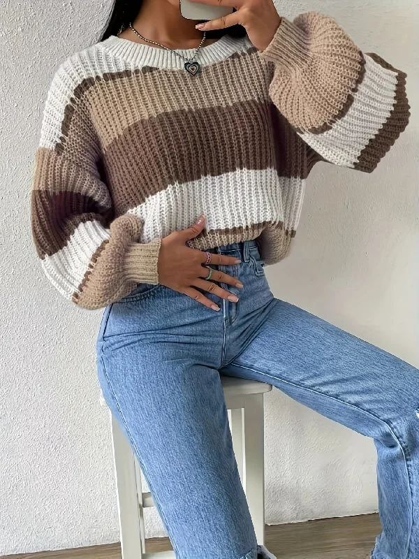 Steals and Deals Sixsr Color Block Crew Neck Pullover Sweater, Casual Lantern Sleeve Loose Sweater, Women's Clothing