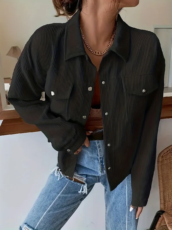 Can't Resist Sixsr Plus Size Casual Coat, Women's Plus Solid Ribbed Long Sleeve Button Up Lapel Collar Coat With Flap Pockets Can't Resist Sixsr Plus Size Casual Coat, Women's Plus Solid Ribbed Long Sleeve Button Up Lapel Collar Coat With Flap Pockets