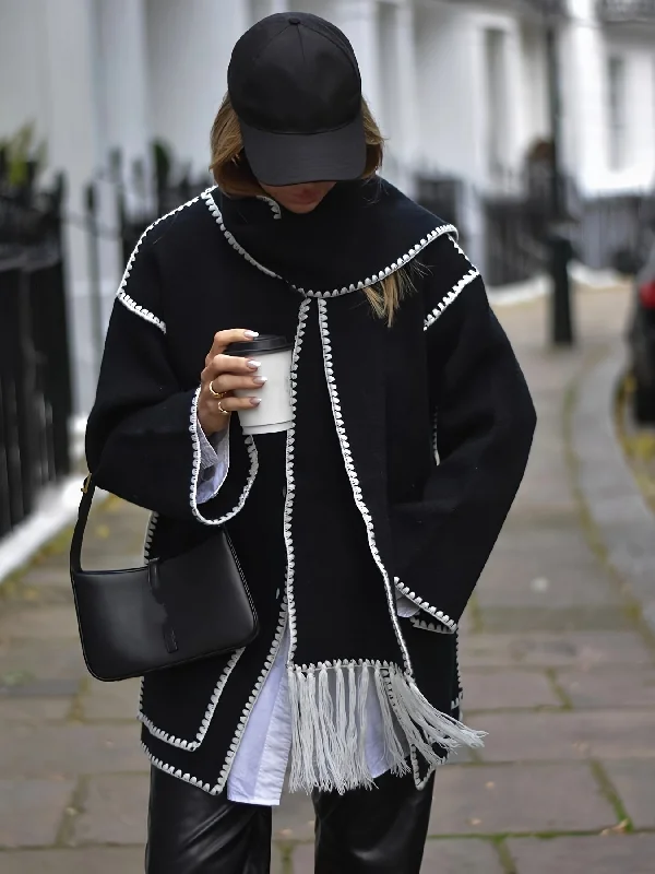 Now or Never Sixsr Contrast Trim Patched Pockets Overcoat, Elegant Long Sleeve Fringe Scarf Outwear For Fall & Winter, Women's Clothing Now or Never Sixsr Contrast Trim Patched Pockets Overcoat, Elegant Long Sleeve Fringe Scarf Outwear For Fall & Winter, Women's Clothing