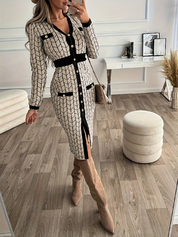 Weekend Savings Extravaganza Sixsr Contrast Trim Allover Print Dress, Elegant Button Front Long Sleeve Dress, Women's Clothing Weekend Savings Extravaganza Sixsr Contrast Trim Allover Print Dress, Elegant Button Front Long Sleeve Dress, Women's Clothing