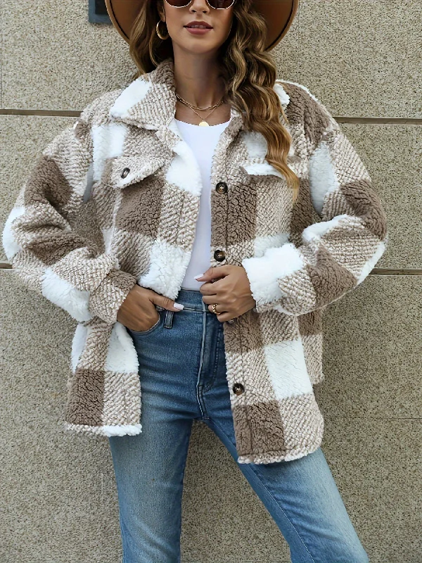Weekend Specials to Savor Sixsr Plaid Pattern Teddy Coat, Casual Button Front Long Sleeve Winter Outerwear, Women's Clothing Weekend Specials to Savor Sixsr Plaid Pattern Teddy Coat, Casual Button Front Long Sleeve Winter Outerwear, Women's Clothing