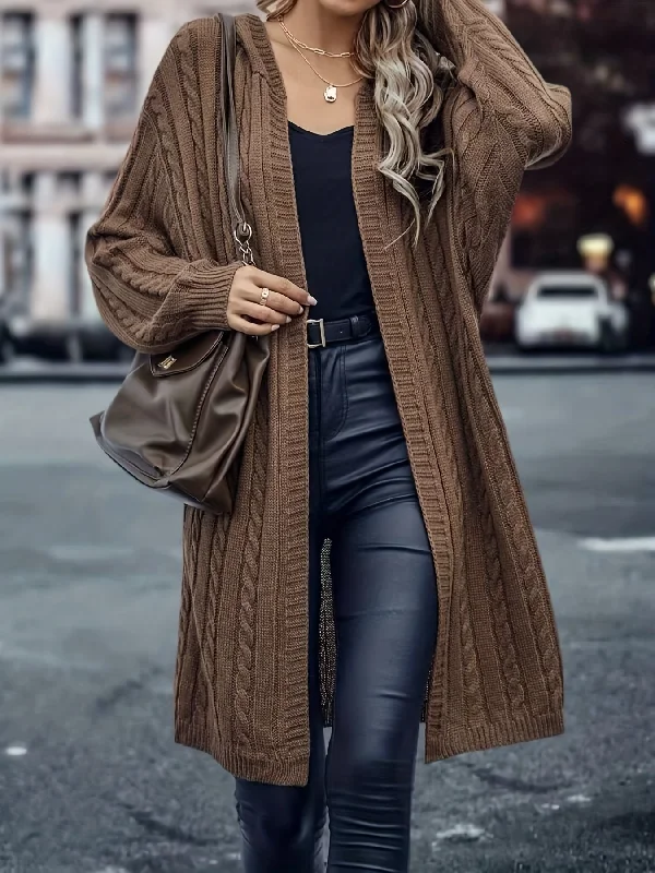 Mega Sale Sixsr Solid Open Front Cable Knit Cardigan, Casual Long Sleeve Hooded Sweater Coat, Women's Clothing Mega Sale Sixsr Solid Open Front Cable Knit Cardigan, Casual Long Sleeve Hooded Sweater Coat, Women's Clothing