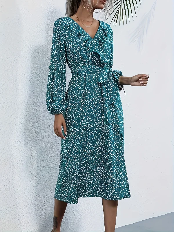 Weekend Deals That Amaze Sixsr Allover Print Ruffle Trim Dress, Elegant V Neck Long Sleeve Midi Dress, Women's Clothing Weekend Deals That Amaze Sixsr Allover Print Ruffle Trim Dress, Elegant V Neck Long Sleeve Midi Dress, Women's Clothing