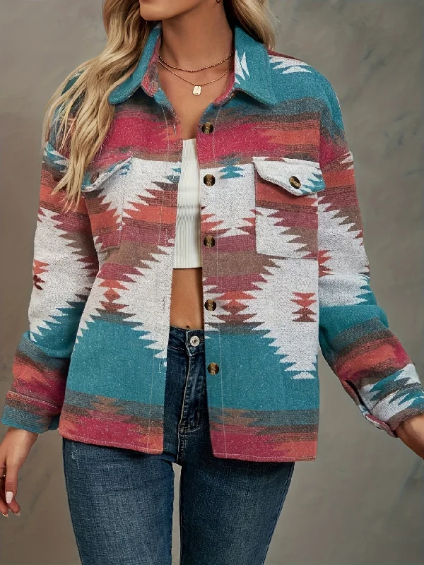 Take Action Sixsr Aztec Print Jacket, Casual Button Front Long Sleeve Outerwear, Women's Clothing Take Action Sixsr Aztec Print Jacket, Casual Button Front Long Sleeve Outerwear, Women's Clothing