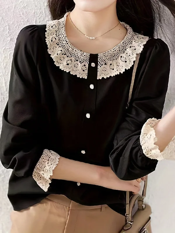 Low Price Sixsr Lace Trim Crew Neck Button Front Blouse, Vintage Long Sleeve Blouse For Spring & Fall, Women's Clothing Low Price Sixsr Lace Trim Crew Neck Button Front Blouse, Vintage Long Sleeve Blouse For Spring & Fall, Women's Clothing