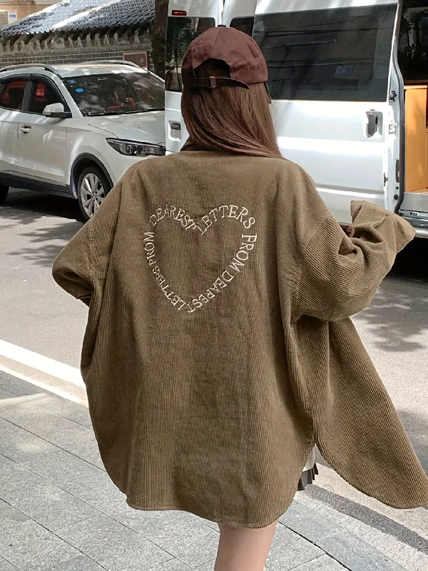 Weekend Specials to Relish Sixsr Letter Embroidered Button Front Shirt, Casual Long Sleeve Corduroy Outwear For Spring & Fall, Women's Clothing Weekend Specials to Relish Sixsr Letter Embroidered Button Front Shirt, Casual Long Sleeve Corduroy Outwear For Spring & Fall, Women's Clothing