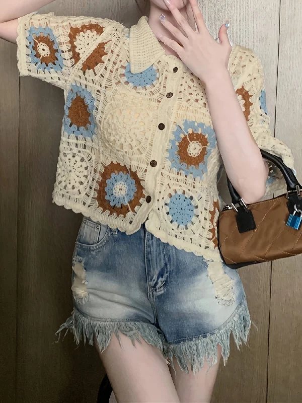 Weekend Deals That Dazzle Sixsr Graphic Pattern Hollow Crochet Cardigan, Vintage Button Up Short Sleeve Stylish Top, Women's Clothing Weekend Deals That Dazzle Sixsr Graphic Pattern Hollow Crochet Cardigan, Vintage Button Up Short Sleeve Stylish Top, Women's Clothing
